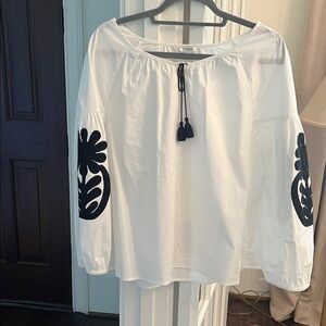 J. Crew White Blouse with Black Floral Accents